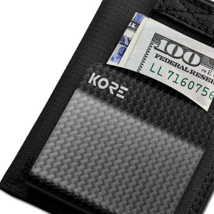KORE Tactical Nylon Slim Wallet in Black. Quick access pull tab & RFID protected. money clip