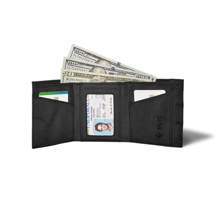 KORE Tactical Nylon TriFold Wallet in Black. Magnetic closure & RFID protected. inside.