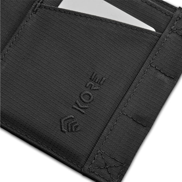 KORE Tactical Nylon TriFold Wallet in Black. Magnetic closure & RFID protected. closeup
