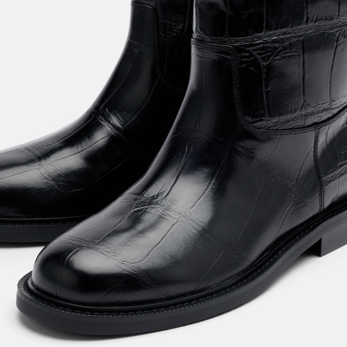 Blair Black Croc Leather Mid-Calf Riding Boots