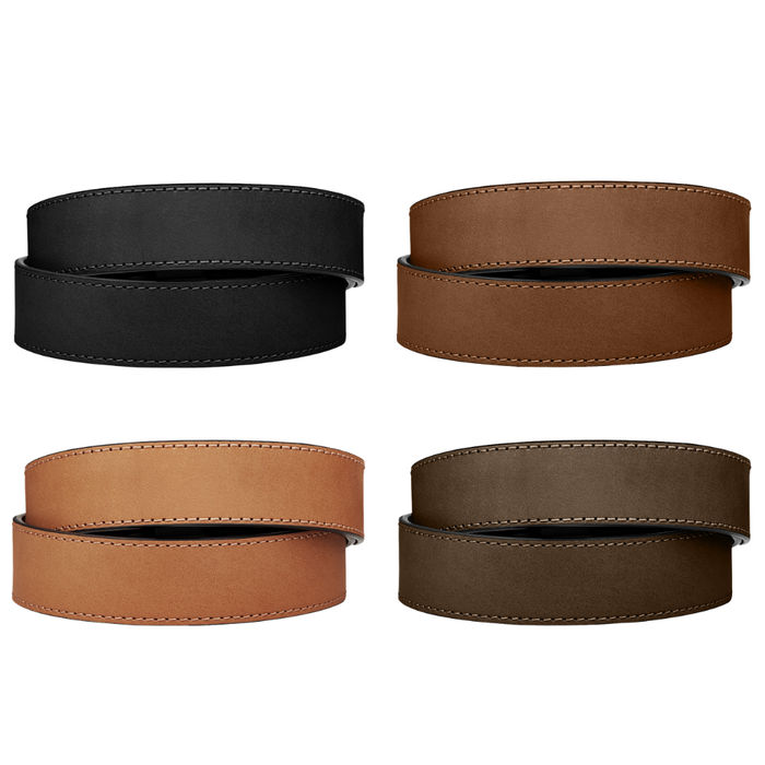 A Collection of Kore Essentials Western Gun Belt Straps on a white background. Featured in the photo are four belt straps: black buffalo leather, brown buffalo leather, tan buffalo leather, and coffee buffalo leather.