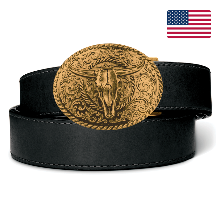 Kore Essentials Black Full Grain Leather Ranch Series Gun Belt with a Brass Skull Buckle