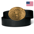 Kore Essentials Black Full Grain Leather Ranch Series Gun Belt with a Brass Skull Buckle