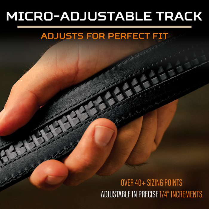 Hand holding a Kore Essentials micro-adjustable track with text highlighting its features.
