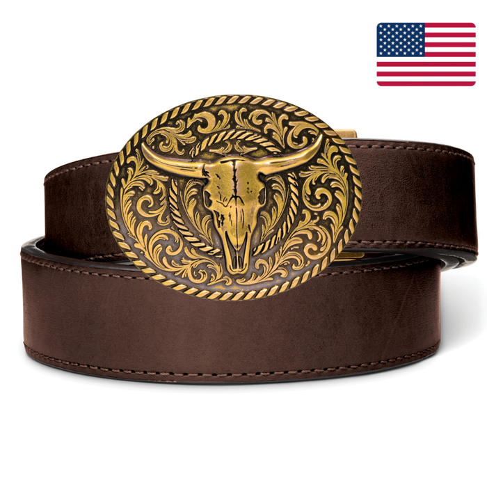 Kore Essentials Brown Leather 1.5" Ranch Belt with a Brass Bull Buckle on a White Background