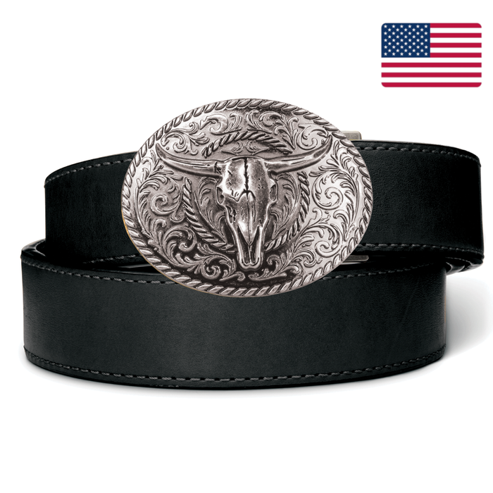 Kore Essentials Black Full Grain Leather Ranch Series Gun Belt with a Silver Skull Buckle
