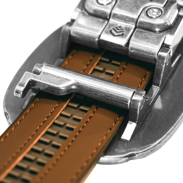 Close-up shot of the Kore Essentials Brown Ranch Leather Gun Belt micro-adjustable track system