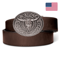 Kore Essentials Brown Leather 1.5" Ranch Belt with a Silver Bull Buckle on a White Background
