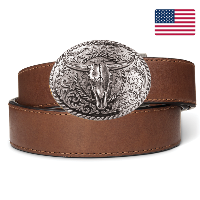 A 1.5" Tan Full Grain Leather Kore Essentials Ranch Belt with a Silver Skull Buckle on a white background
