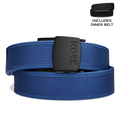Kore Essentials Blue Competition Gun Belt with a C1 Buckle on a white background. An Inner Belt is displayed in the top-right hand corner of the image.