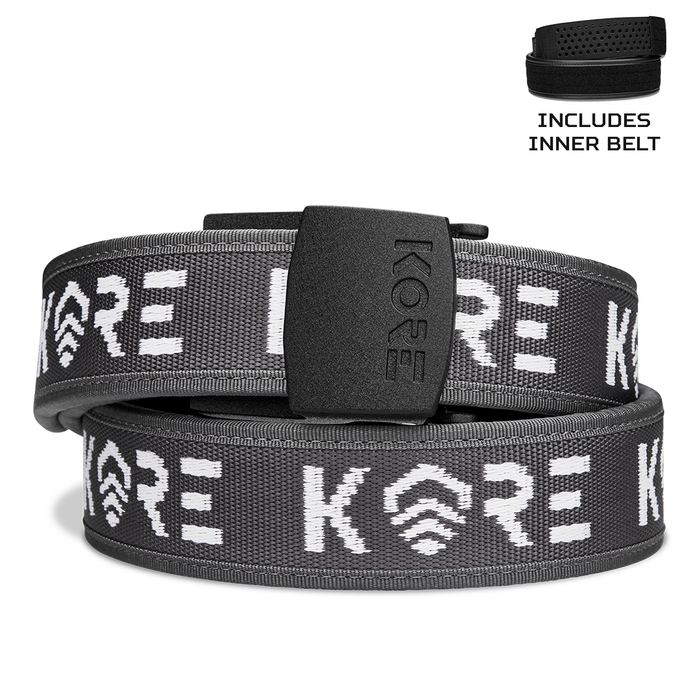 Kore Essentials Grey Competition Gun Belt with a C1 Buckle on a white background. An Inner Belt is displayed in the top-right hand corner of the image.