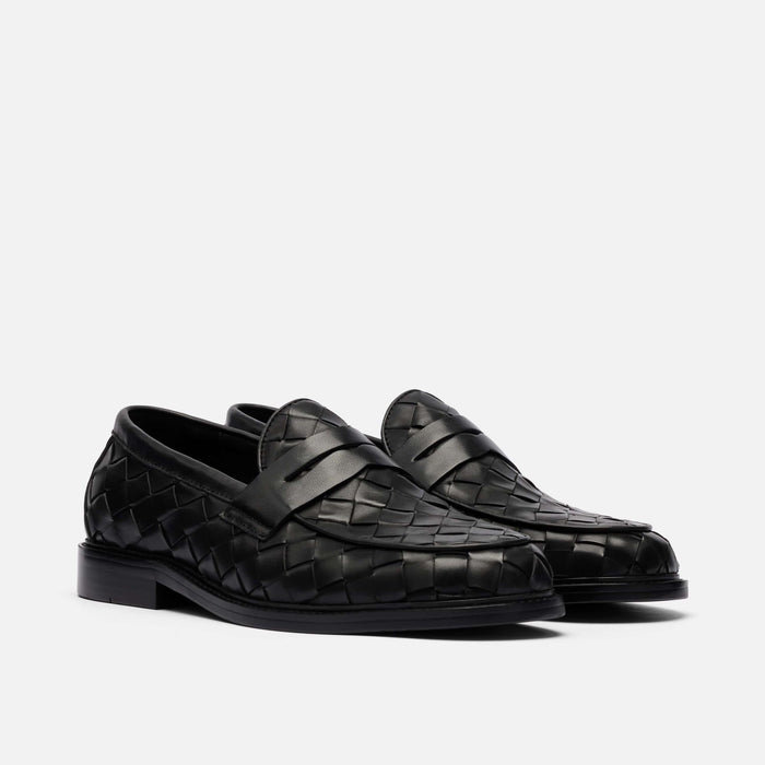 Calum Black Woven Leather Penny Loafers