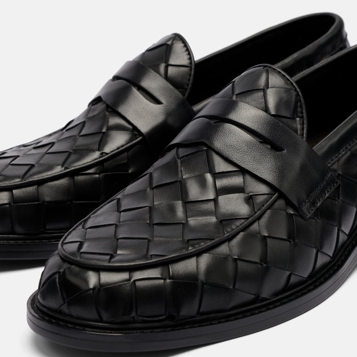 Calum Black Woven Leather Penny Loafers