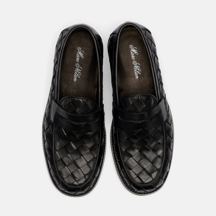 Calum Black Woven Leather Penny Loafers
