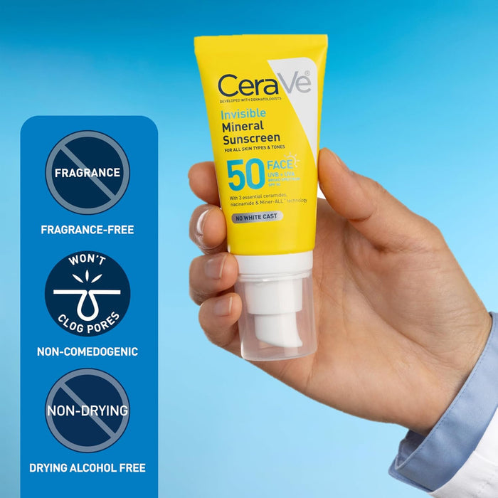 CeraVe Invisible Mineral Sunscreen SPF 50 48ml | No White Cast | Glow by Sudais