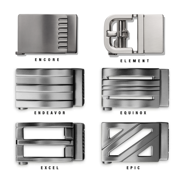 A collection of Kore Essentials fashion belt buckles.