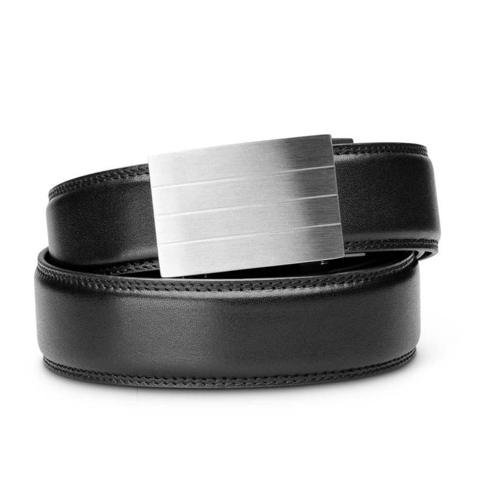 Kore Essentials Evolve stainless steel buckle and black full grain leather ratchet belt