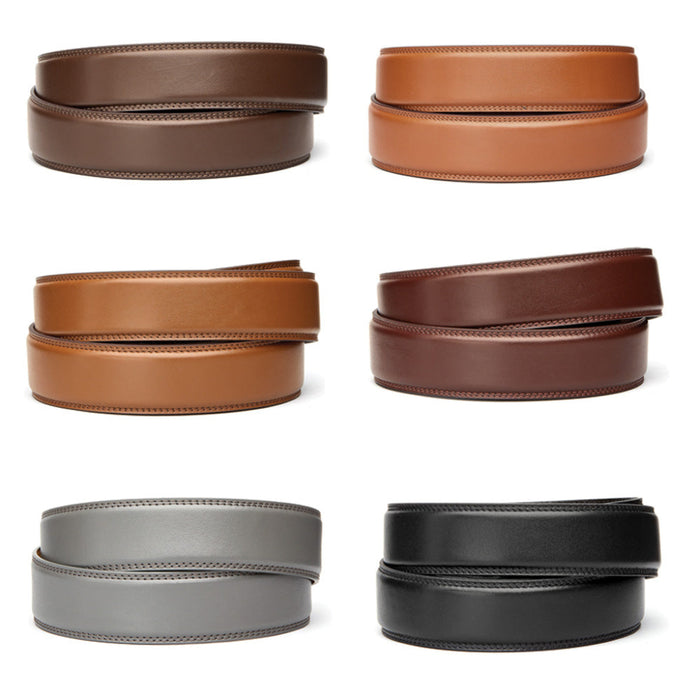 All Kore Essentials Classic Leather Ratcheting Belt Straps Arranged on a White Background