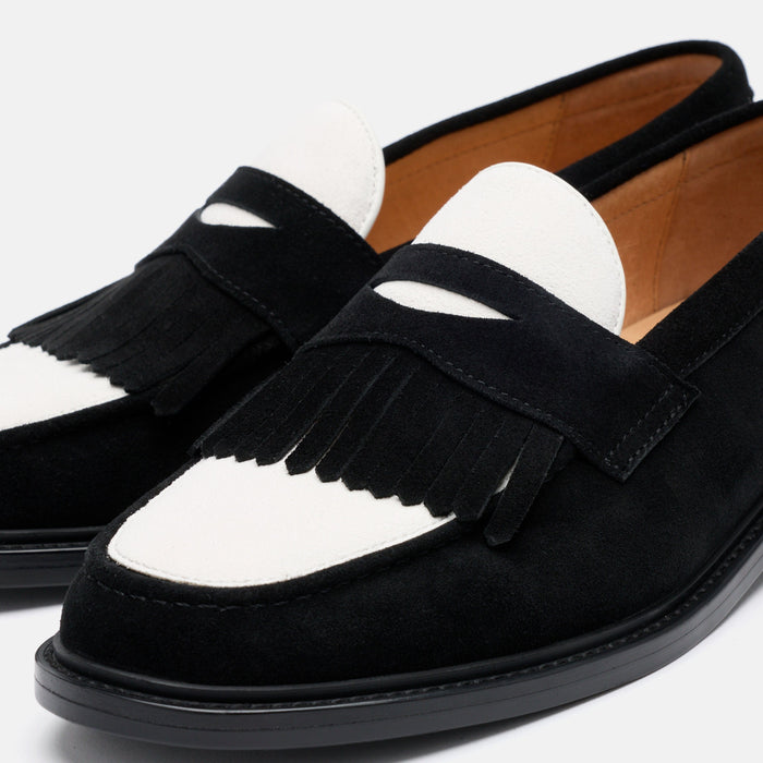 Clint Black/White Suede Kiltie Loafers