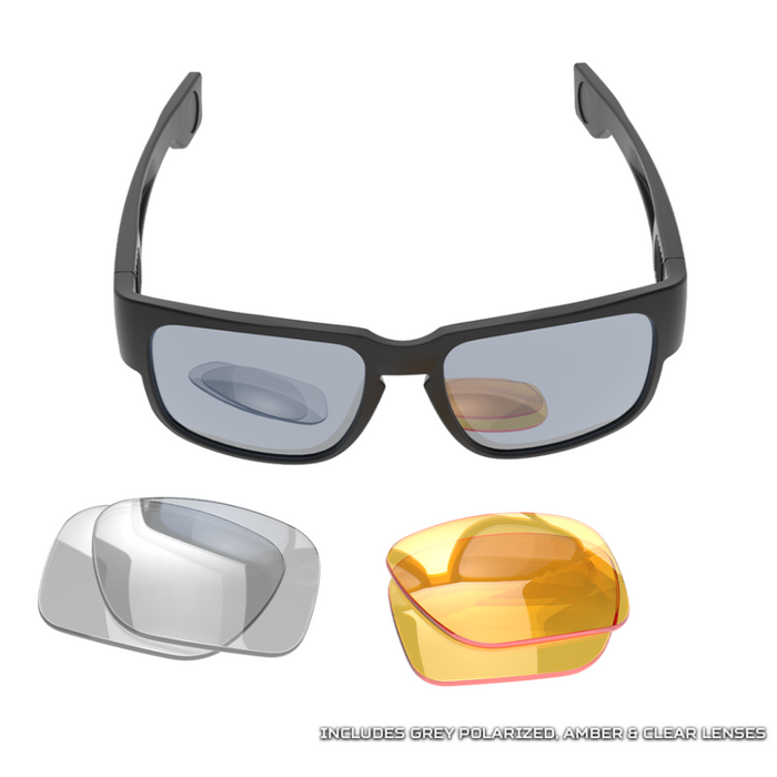 Anterior View of Kore Essentials Commander Ballistic ANSI Rated Sunglasses With A Set of Amber and Clear Ballistic Lenses