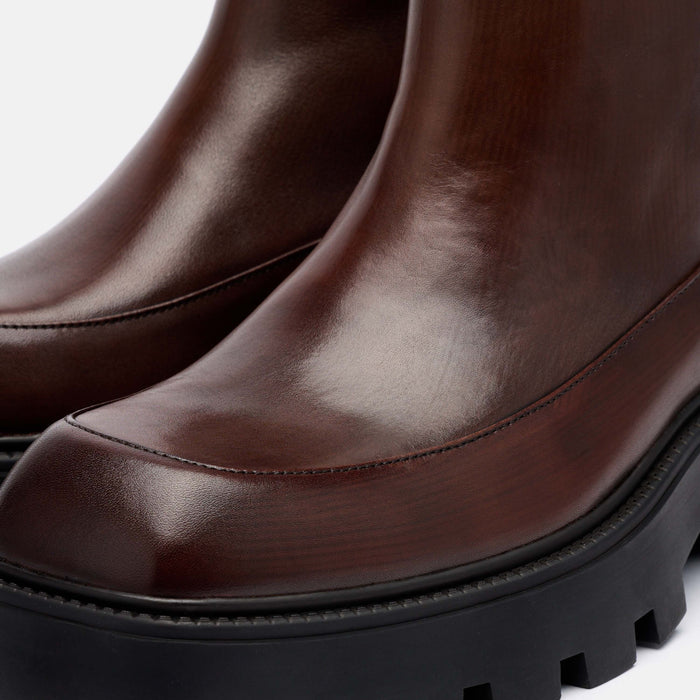 Commander Brown Burnished Leather Square Toe Side Zip Boots