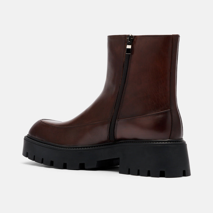 Commander Brown Burnished Leather Square Toe Side Zip Boots