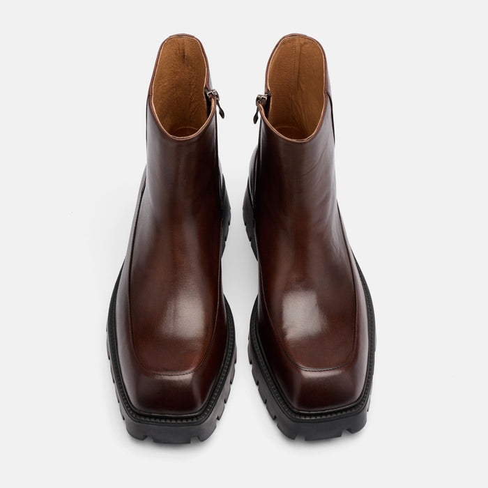 Commander Brown Burnished Leather Square Toe Side Zip Boots