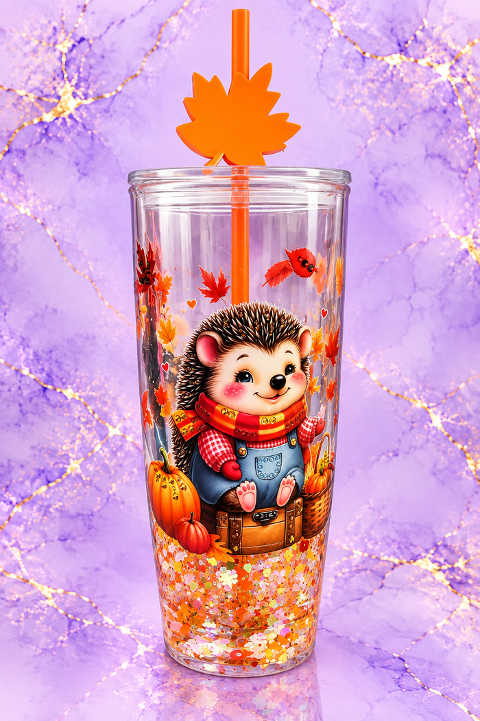 Cozy Fall Hedgehog Snow Globe Tumbler - 24 oz Round