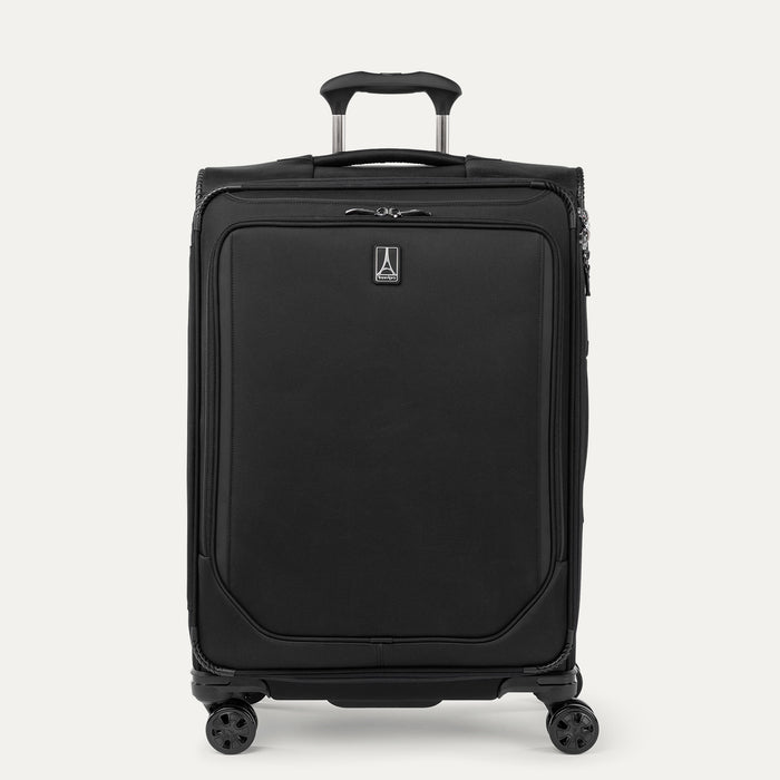 Front view of Travelpro Crew Classic Medium Check-In Expandable Spinner in Black, with 360° Spinner Wheels