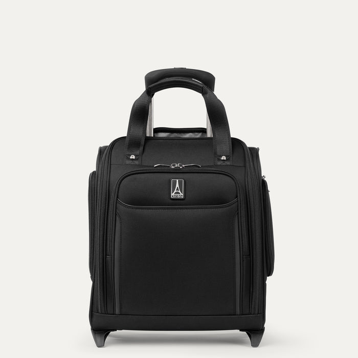 Front view of Travelpro Crew Classic Rolling UnderSeat Carry-On in Black, featuring high-performance ball bearing wheels and a compact design for airline under-seat storage