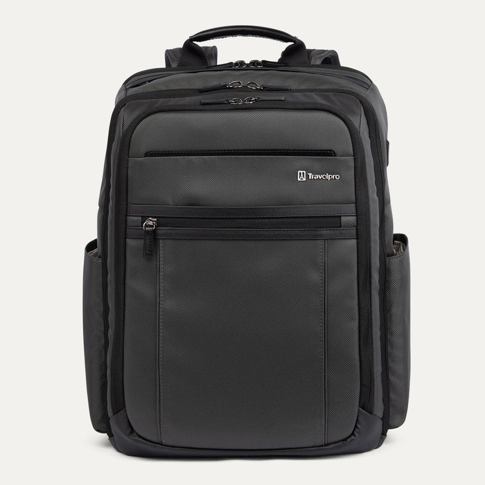 Front view of the Travelpro Crew Executive Choice 3 Large Travel Backpack in Titanium Grey, showcasing its sleek, durable design with signature leather accents, multiple exterior quick-access pockets, and the front-facing brand logo.