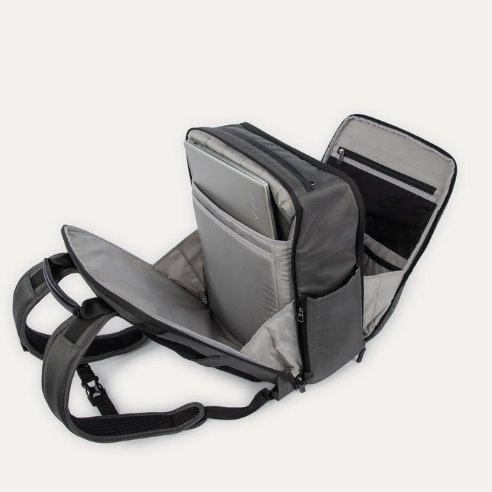 Interior detail view of the Crew Executive Choice 3 Large Travel Backpack in Titanium Grey, showcasing the dedicated, padded laptop and tablet sleeves designed to secure electronics with easy access.