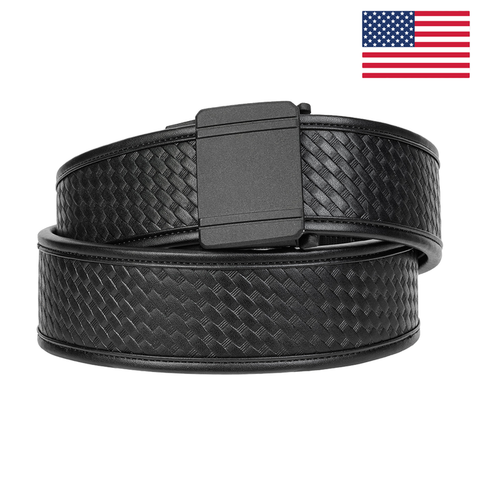 Kore Essentials Black Basketweave 2.25" Duty Belt with a D1 Buckle on a White Background