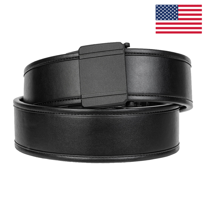 Kore Essentials Black Leather 2.25" Duty Belt with a D1 Buckle on a White Background