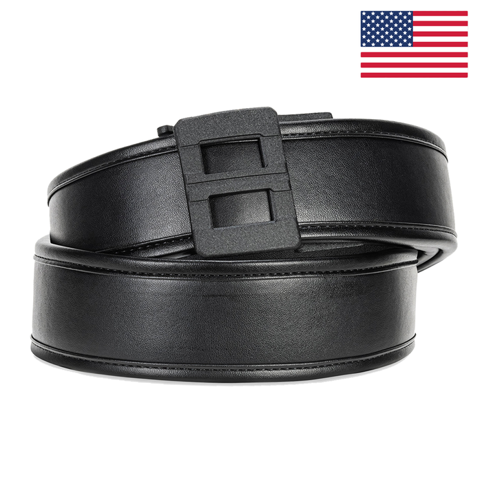 Kore Essentials Black Leather 2.25" Duty Belt with a D2 Buckle on a White Background