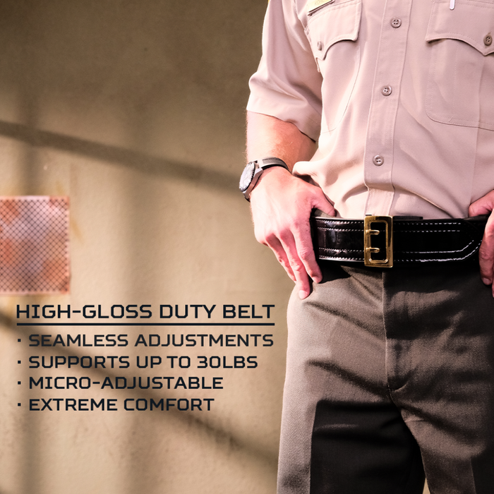 Graphic Showcasing Features of Kore Essentials High Gloss Duty Belt with Brass Sam Browne Buckle
