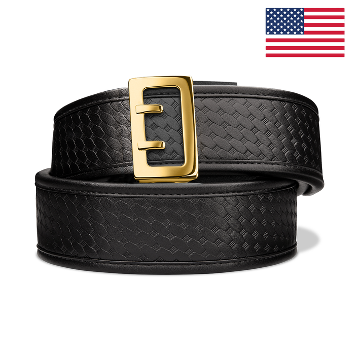 Kore Essentials Basketweave 2.25" Duty Belt with a D3 Brass Buckle on a White Background