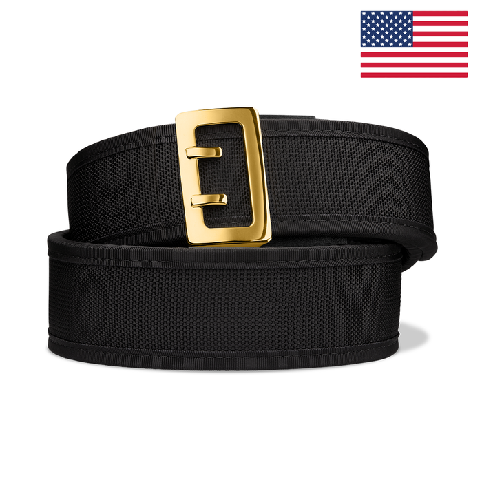 Kore Essentials Black Nylon 2.25" Duty Belt with a D3 Brass Buckle on a White Background