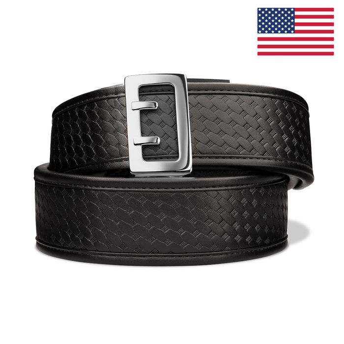 Kore Essentials Basketweave 2.25" Duty Belt with a D3 Silver Buckle on a White Background