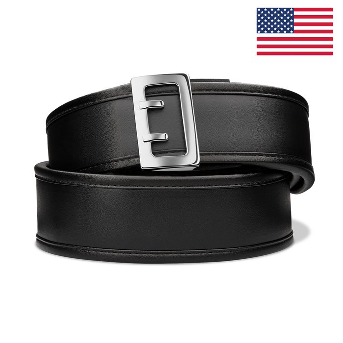 Kore Essentials Black Leather 2.25" Duty Belt with a D3 Silver Sam Browne Buckle on a White Background