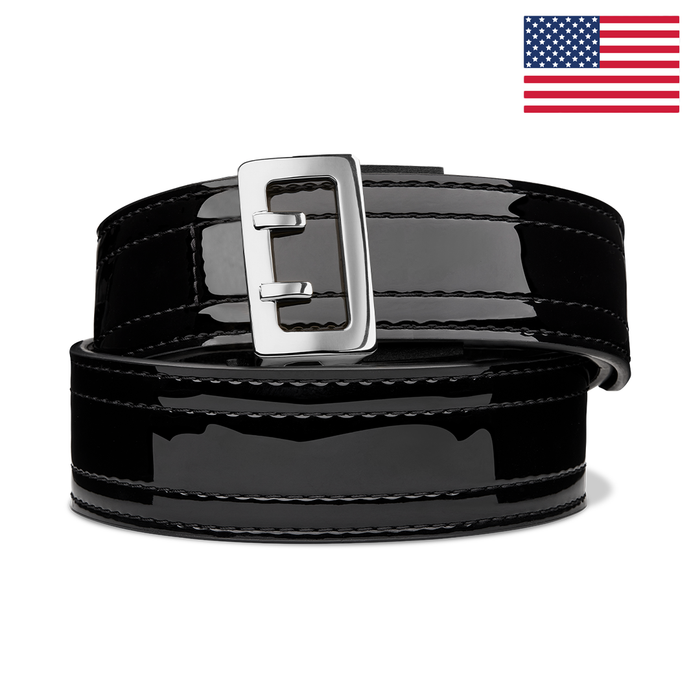Kore Essentials High Gloss  2.25" Duty Belt with a D3 Silver Buckle on a White Background