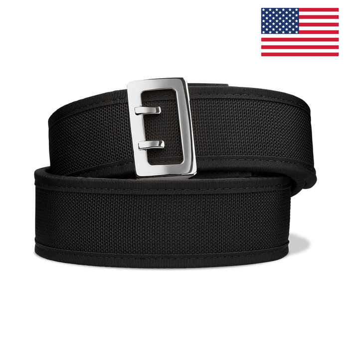 Kore Essentials Black Nylon 2.25" Duty Belt with a D3 Silver Sam Browne Buckle on a White Background