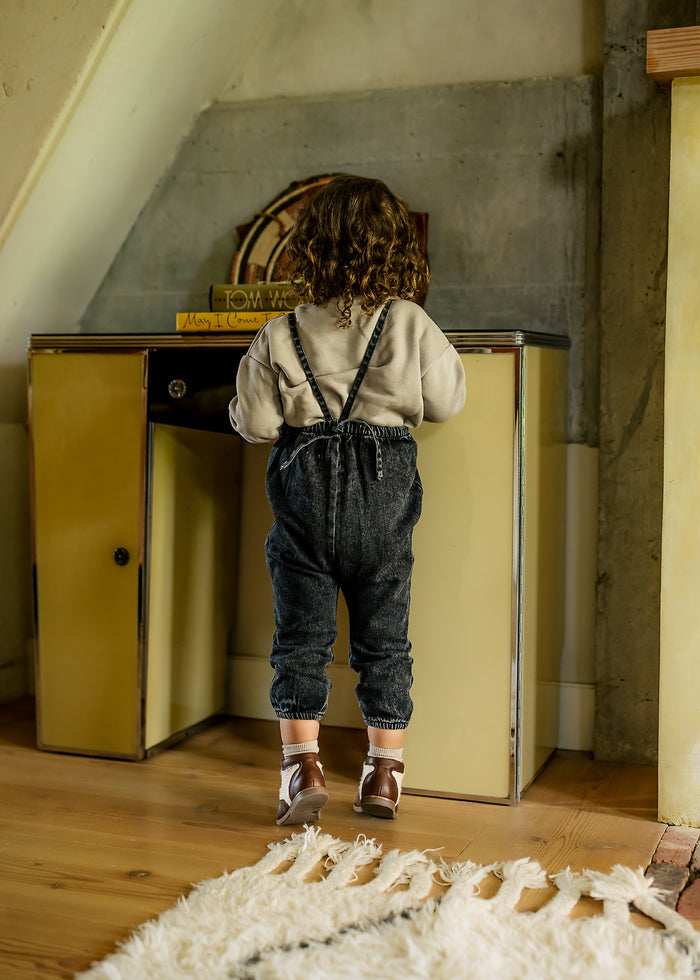 Denim Suspender Pants - Stone Wash Black