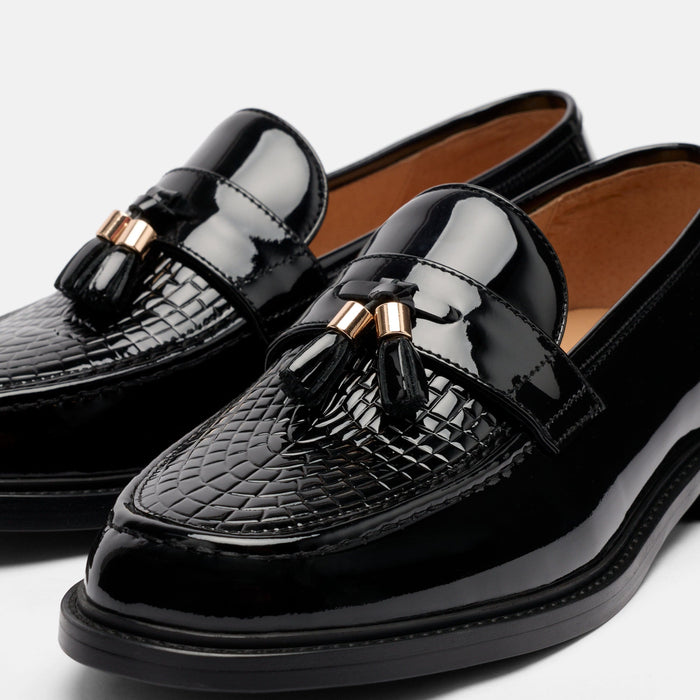Denzel Black Croc Leather Tassel Loafers