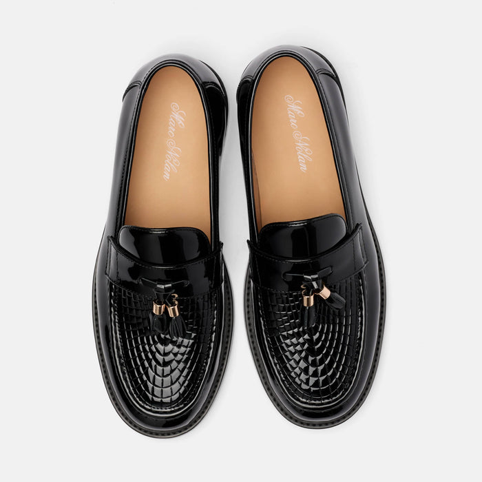 Denzel Black Croc Leather Tassel Loafers