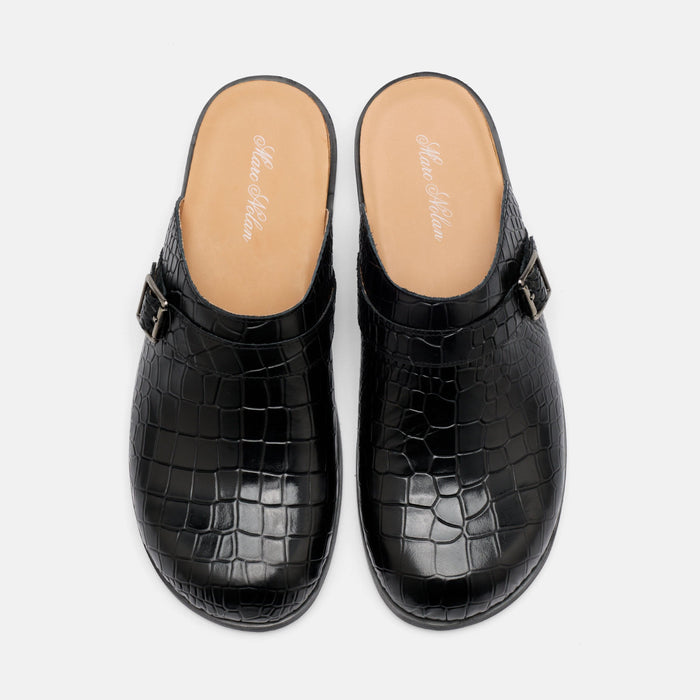 Diego Black Croc Leather Strap Mules