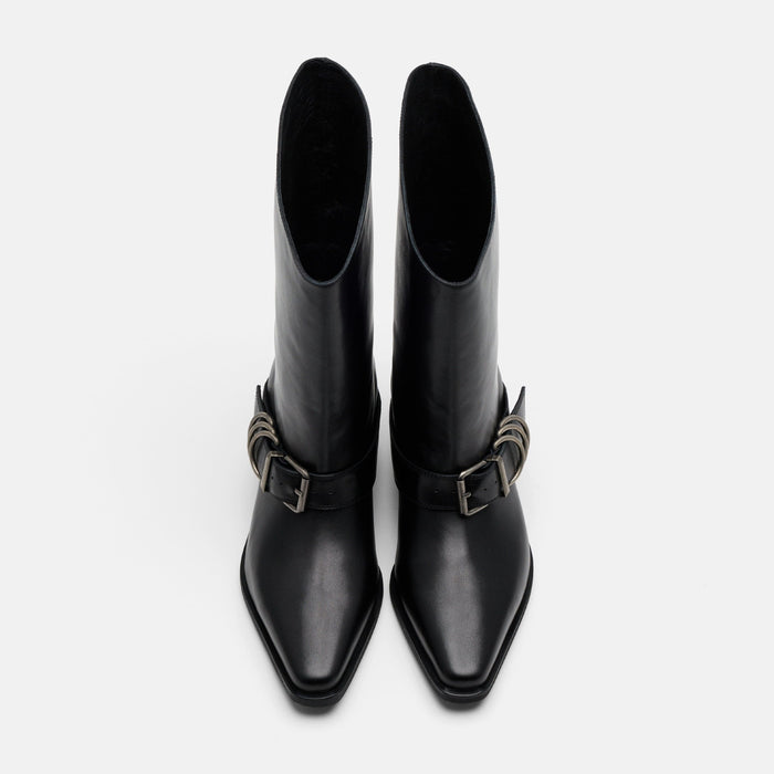 Donna Black Leather Moto Ankle Boots