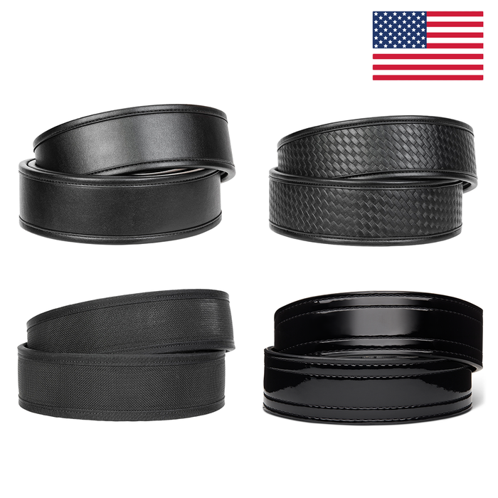 Kore Essentials Collection of USA Made Duty Belt Straps on a White Background