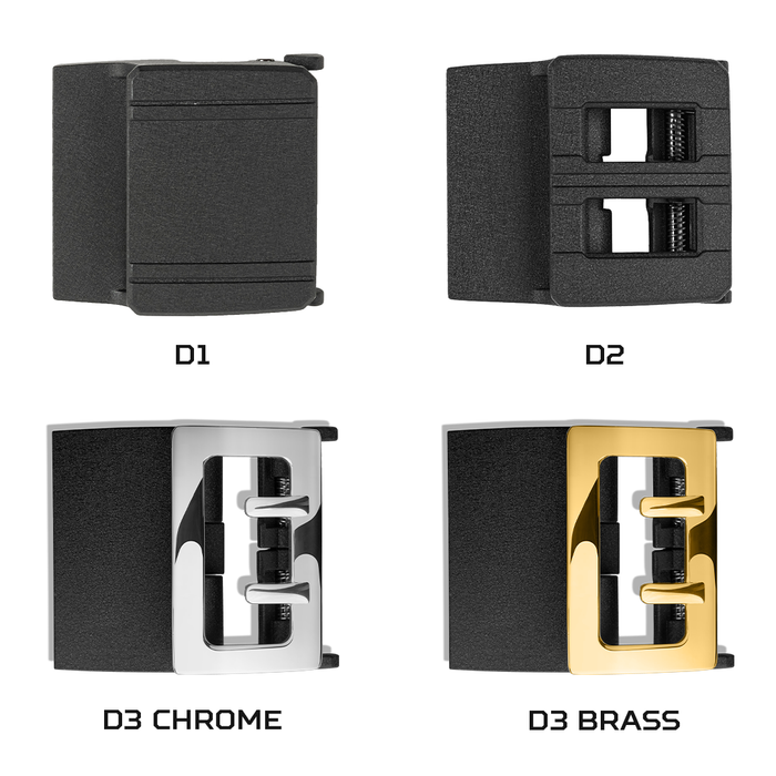 Collection of Kore Essentials Duty Belt Buckles on a White Background with Text Labeling Each Buckle