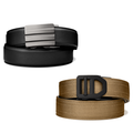 Two Kore EDC Gun Belts are on a white background. Displayed is a black leather edc belt with an X2 buckle, as well as a coyote tactical gun belt with an X5 buckle.